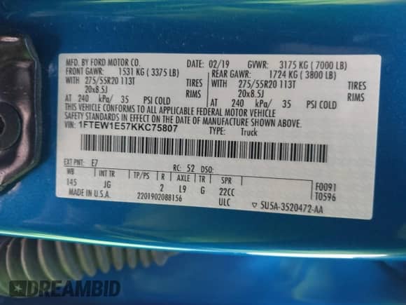 2019 Ford F-150 XL with VIN 1FTEW1E57KKC75807, listed as a IAAI auction lot 42222169 with 74,195 mi miles and . Bid and sale history available at DreamBid. Image 9.