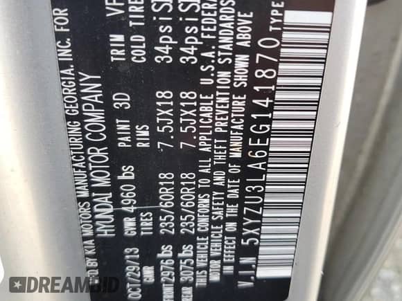 2014 Hyundai Santa Fe с VIN 5XYZU3LA6EG141870, выставлен на аукционе Copart как лот 89644685 с пробегом 136 917 миль миль и Чистый • Clean title. История ставок и продаж доступна на DreamBid. Изображение 13.