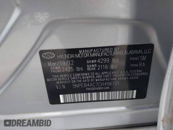 2012 Hyundai Sonata GLS with VIN 5NPEB4AC7CH496101, listed as a IAAI auction lot 43240636 with 166,323 mi miles and . Bid and sale history available at DreamBid. Image 9.