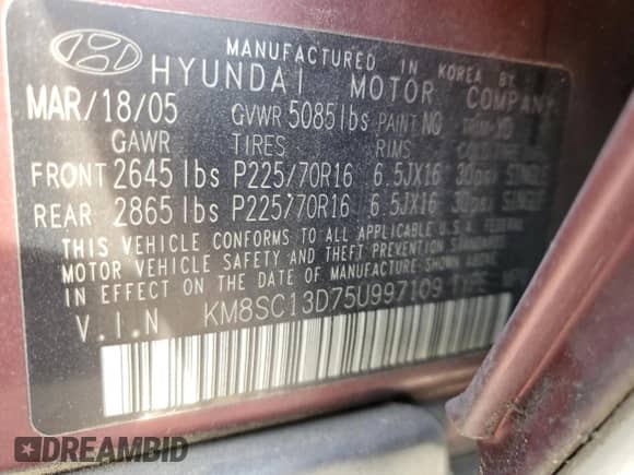 2005 Hyundai Santa Fe GLS z VIN KM8SC13D75U997109, wystawiony jako Copart lot #84117194 z przebiegiem 128 052 mil mil oraz Szkoda całkowita • Salvage title. Historia ofert i sprzedaży dostępna na DreamBid. Obrazek 15.