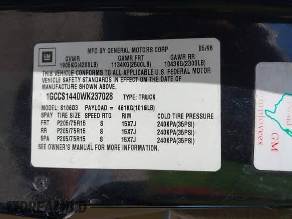 1998 Chevrolet S-10 LS with VIN 1GCCS1440WK237028, listed as a IAAI auction lot 41963758 with 235,544 mi miles and . Bid and sale history available at DreamBid. Image 9.
