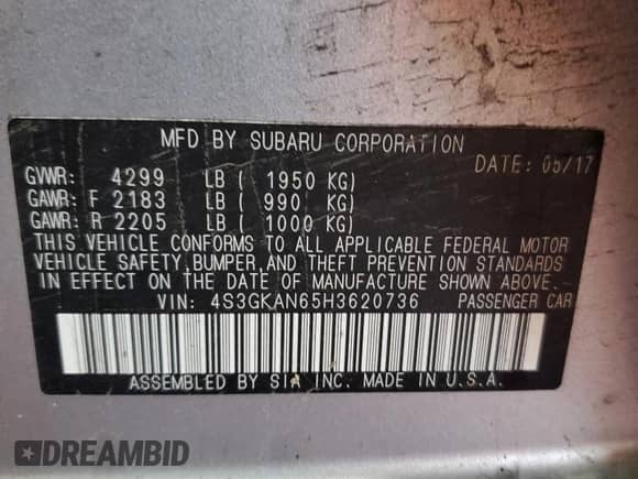 2017 Subaru Impreza Limited with VIN 4S3GKAN65H3620736, listed as a Copart auction lot 63570725 with 46,403 mi miles and Salvage title. Bid and sale history available at DreamBid. Image 12.