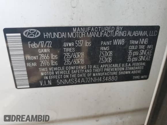 2022 Hyundai Santa Fe SEL с VIN 5NMS34AJ2NH434880, выставлен на аукционе Copart как лот 64032605 с пробегом 21 003 миль миль и Списание • Salvage title. История ставок и продаж доступна на DreamBid. Изображение 13.