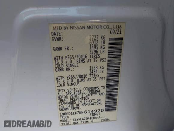 2022 Nissan Frontier SV with VIN 1N6ED1EK7NN614920, listed as a IAAI auction lot 42725716 with 70,263 mi miles and . Bid and sale history available at DreamBid. Image 9.