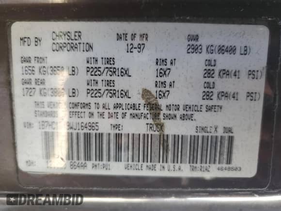 1998 Dodge 1500 с VIN 1B7HC13Y9WJ164965, выставлен на аукционе Copart как лот 80208924 с пробегом Не указан миль и На запчасти • Non repairable. История ставок и продаж доступна на DreamBid. Изображение 12.