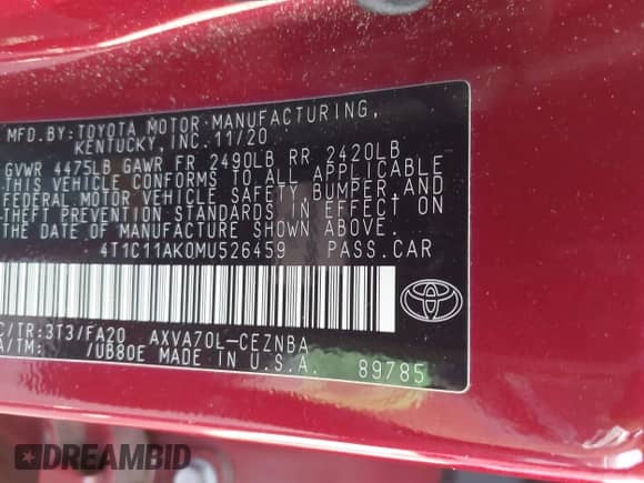 2021 Toyota Camry LE z VIN 4T1C11AK0MU526459, wystawiony jako IAAI lot #43148735 z przebiegiem 89 112 mil mil oraz . Historia ofert i sprzedaży dostępna na DreamBid. Obrazek 9.