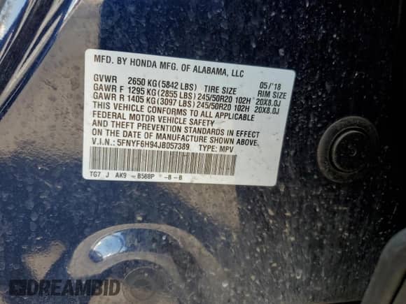 2018 Honda Pilot Touring with VIN 5FNYF6H94JB057389, listed as a Copart auction lot 68290065 with 76,831 mi miles and Salvage title. Bid and sale history available at DreamBid. Image 12.