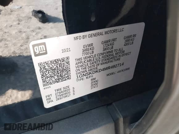 2021 Chevrolet Suburban Z71 with VIN 1GNSKDKD4MR492714, listed as a IAAI auction lot 41732454 with 106,973 mi miles and . Bid and sale history available at DreamBid. Image 9.