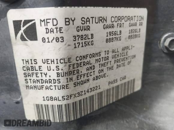 2003 Saturn ION ION 3 with VIN 1G8AL52FX3Z143221, listed as a IAAI auction lot 41718940 with 159,448 mi miles and . Bid and sale history available at DreamBid. Image 9.