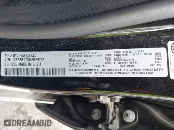 2021 Ram 1500 Laramie with VIN 1C6RREJTXMN629722, listed as a IAAI auction lot 41285829 with 59,638 mi miles and . Bid and sale history available at DreamBid. Image 9.