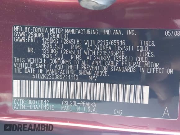 2008 Toyota Sienna LE with VIN 5TDZK23C38S211110, listed as a IAAI auction lot 43509559 with 168,943 mi miles and . Bid and sale history available at DreamBid. Image 9.