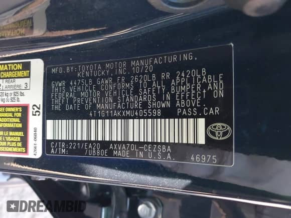 2021 Toyota Camry SE Nightshade z VIN 4T1G11AKXMU405598, wystawiony jako IAAI lot #43286695 z przebiegiem 59 916 mil mil oraz . Historia ofert i sprzedaży dostępna na DreamBid. Obrazek 9.