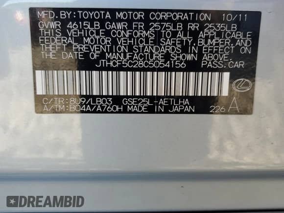 2012 Lexus IS 250 z VIN JTHCF5C28C5054156, wystawiony jako Copart lot #84234695 z przebiegiem 193 657 mil mil oraz Szkoda całkowita • Salvage title. Historia ofert i sprzedaży dostępna na DreamBid. Obrazek 12.