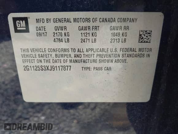 2018 Chevrolet Impala Premier с VIN 2G1125S3XJ9117877, выставлен на аукционе IAAI как лот 42942166 с пробегом 89 989 миль миль и . История ставок и продаж доступна на DreamBid. Изображение 9.