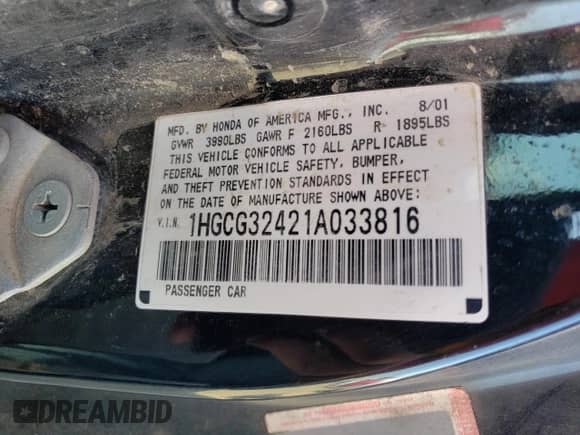 2001 Honda Accord LX с VIN 1HGCG32421A033816, выставлен на аукционе Copart как лот 74889094 с пробегом 207 189 миль миль и Списание • Salvage title. История ставок и продаж доступна на DreamBid. Изображение 12.