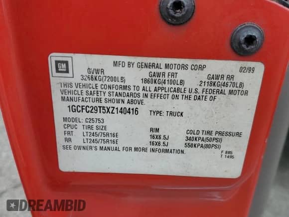 1999 Chevrolet Silverado 2500 с VIN 1GCFC29T5XZ140416, выставлен на аукционе Copart как лот 66341914 с пробегом Не указан миль и Списание • Salvage title. История ставок и продаж доступна на DreamBid. Изображение 12.