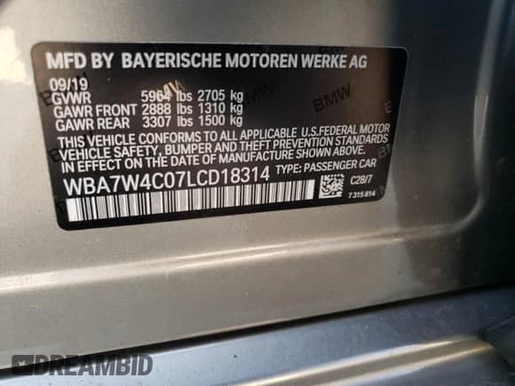 2020 BMW 7 Series with VIN WBA7W4C07LCD18314, listed as a Copart auction lot 43724774 with 25,873 mi miles and . Bid and sale history available at DreamBid. Image 12.