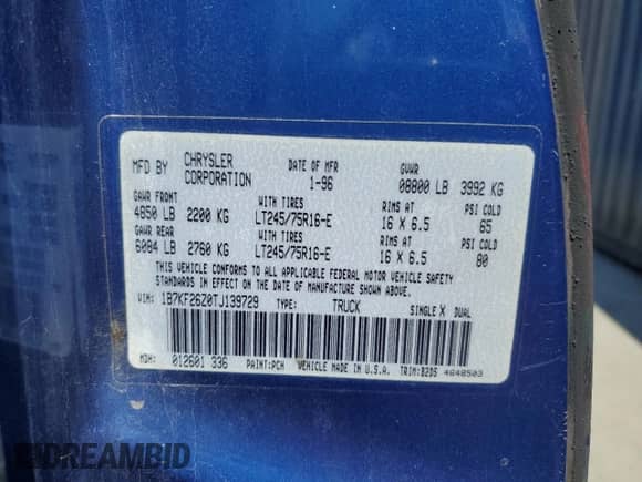 1996 Dodge 2500 with VIN 1B7KF26Z0TJ139729, listed as a Copart auction lot 55794315 with 137,753 mi miles and Non repairable. Bid and sale history available at DreamBid. Image 13.