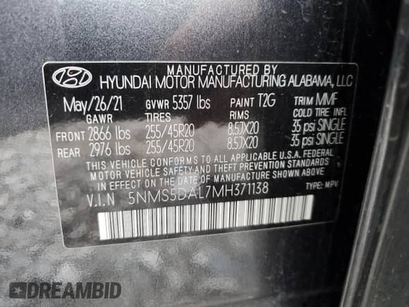 2021 Hyundai Santa Fe Calligraphy with VIN 5NMS5DAL7MH371138, listed as a Copart auction lot 55554485 with 48,645 mi miles and Salvage title. Bid and sale history available at DreamBid. Image 14.