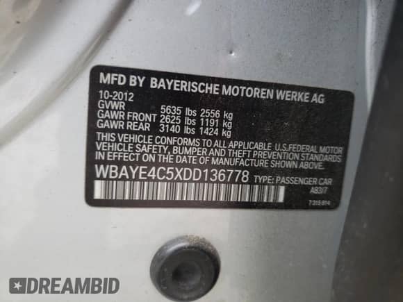 2013 BMW 7 Series 740Li with VIN WBAYE4C5XDD136778, listed as a Copart auction lot 66867895 with 215,858 mi miles and Salvage title. Bid and sale history available at DreamBid. Image 12.