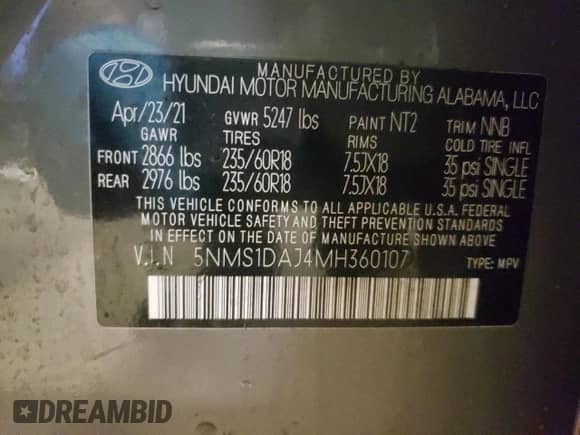 2021 Hyundai Santa Fe SE с VIN 5NMS1DAJ4MH360107, выставлен на аукционе Copart как лот 36486573 с пробегом 50 634 миль миль и . История ставок и продаж доступна на DreamBid. Изображение 12.