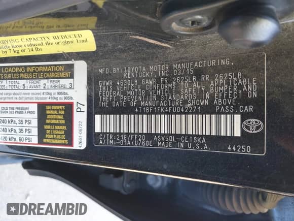 2015 Toyota Camry SE z VIN 4T1BF1FK4FU042271, wystawiony jako IAAI lot #43478468 z przebiegiem 298 778 mil mil oraz . Historia ofert i sprzedaży dostępna na DreamBid. Obrazek 9.