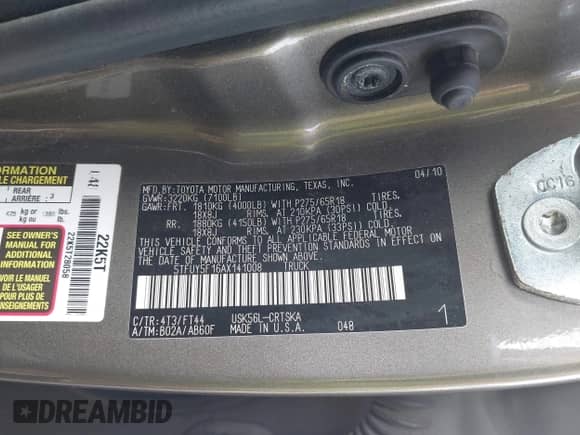 2010 Toyota Tundra с VIN 5TFUY5F16AX141008, выставлен на аукционе IAAI как лот 42952206 с пробегом 140 458 миль миль и . История ставок и продаж доступна на DreamBid. Изображение 9.