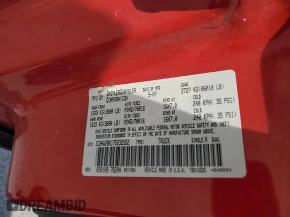2007 Dodge Dakota with VIN 1D3HW28K17S232552, listed as a Copart auction lot 53674955 with 85,559 mi miles and Salvage title. Bid and sale history available at DreamBid. Image 12.