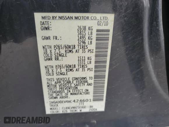 2010 Nissan Frontier LE with VIN 1N6AD0EV4AC424601, listed as a Copart auction lot 63787805 with 149,767 mi miles and Salvage title. Bid and sale history available at DreamBid. Image 12.