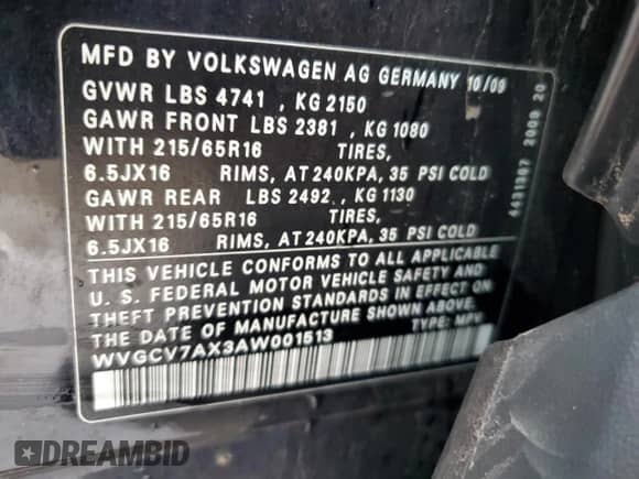 2010 Volkswagen Tiguan S с VIN WVGCV7AX3AW001513, выставлен на аукционе Copart как лот 83395474 с пробегом 147 203 миль миль и Чистый • Clean title. История ставок и продаж доступна на DreamBid. Изображение 13.