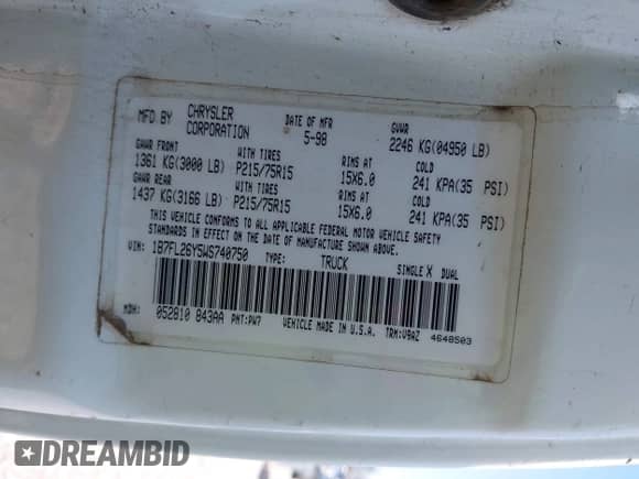 1998 Dodge Dakota SLT с VIN 1B7FL26Y5WS740750, выставлен на аукционе IAAI как лот 43108106 с пробегом 214 275 миль миль и . История ставок и продаж доступна на DreamBid. Изображение 9.