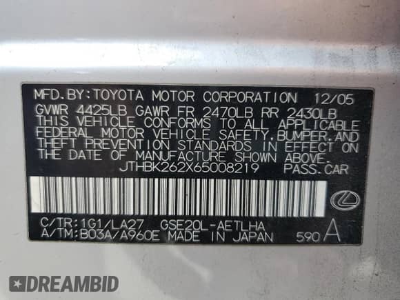 2006 Lexus IS 250 с VIN JTHBK262X65008219, выставлен на аукционе Copart как лот 81466955 с пробегом 131 010 миль миль и Списание • Salvage title. История ставок и продаж доступна на DreamBid. Изображение 12.