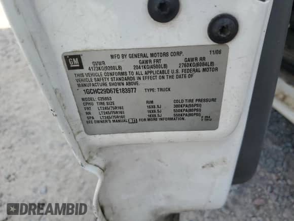 2007 Chevrolet Silverado 2500HD Work Truck with VIN 1GCHC29D67E183977, listed as a Copart auction lot 70437835 with Not provided miles and Salvage title. Bid and sale history available at DreamBid. Image 12.