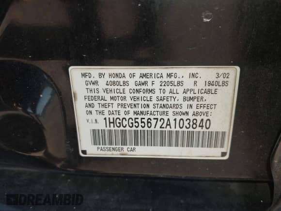 2002 Honda Accord EX с VIN 1HGCG55672A103840, выставлен на аукционе IAAI как лот 43079527 с пробегом 307 090 миль миль и . История ставок и продаж доступна на DreamBid. Изображение 9.