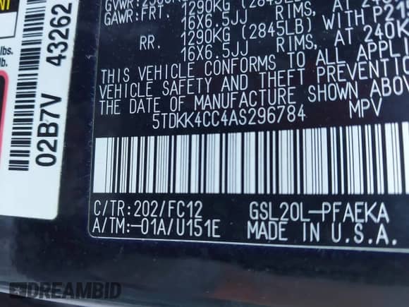 2010 Toyota Sienna CE z VIN 5TDKK4CC4AS296784, wystawiony jako IAAI lot #43375296 z przebiegiem 215 949 mil mil oraz . Historia ofert i sprzedaży dostępna na DreamBid. Obrazek 9.