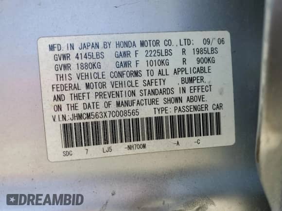 2007 Honda Accord LX SE с VIN JHMCM563X7C008565, выставлен на аукционе Copart как лот 86133135 с пробегом 165 423 миль миль и Списание • Salvage title. История ставок и продаж доступна на DreamBid. Изображение 13.