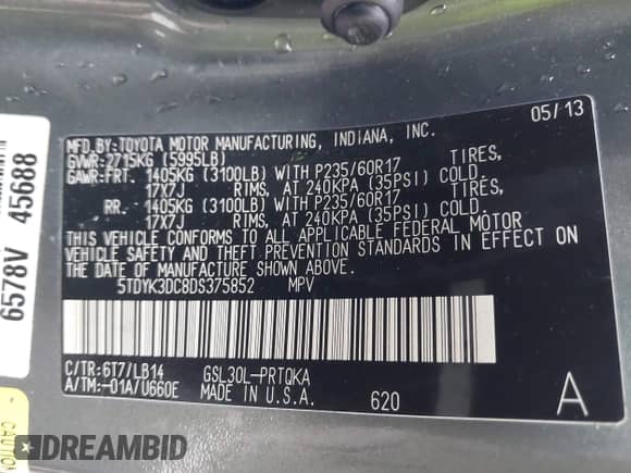 2013 Toyota Sienna XLE AAS with VIN 5TDYK3DC8DS375852, listed as a IAAI auction lot 41519437 with 91,828 mi miles and . Bid and sale history available at DreamBid. Image 9.