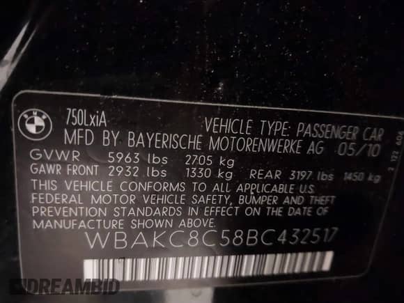 2011 BMW 7 Series 750Li xDrive with VIN WBAKC8C58BC432517, listed as a IAAI auction lot 41874352 with 125,288 mi miles and . Bid and sale history available at DreamBid. Image 9.