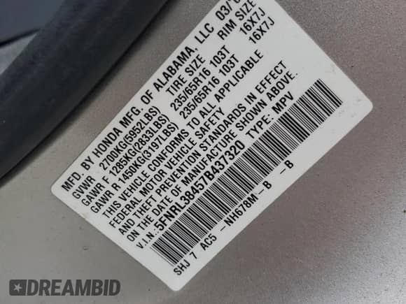 2007 Honda Odyssey EX z VIN 5FNRL38457B437320, wystawiony jako Copart lot #81635115 z przebiegiem 170 598 mil mil oraz Czysty tytuł • Clean title. Historia ofert i sprzedaży dostępna na DreamBid. Obrazek 13.