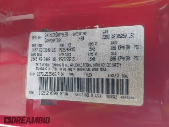 1999 Dodge Dakota SLT with VIN 1B7GL26Z5XS217114, listed as a IAAI auction lot 43418147 with 145,280 mi miles and . Bid and sale history available at DreamBid. Image 9.