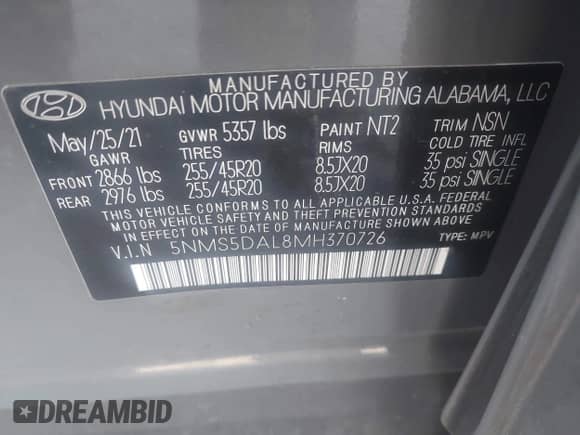 2021 Hyundai Santa Fe Calligraphy with VIN 5NMS5DAL8MH370726, listed as a IAAI auction lot 42099412 with 56,273 mi miles and . Bid and sale history available at DreamBid. Image 9.