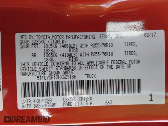 2017 Toyota Tundra SR z VIN 5TFUY5F12HX629186, wystawiony jako IAAI lot #42536604 z przebiegiem 98 983 mil mil oraz . Historia ofert i sprzedaży dostępna na DreamBid. Obrazek 9.