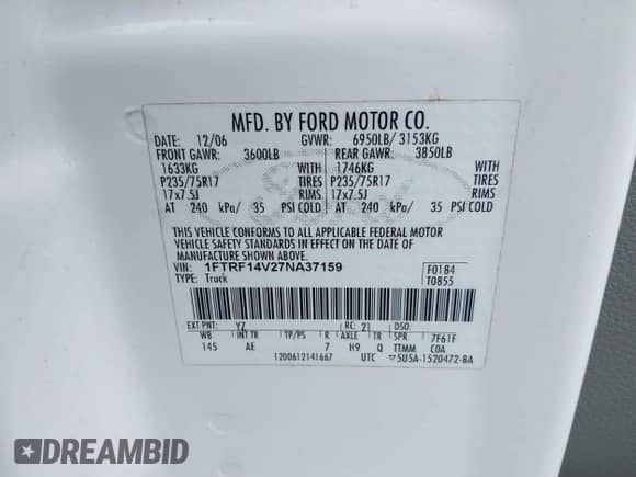2007 Ford F-150 XL with VIN 1FTRF14V27NA37159, listed as a IAAI auction lot 43399568 with 153,593 mi miles and . Bid and sale history available at DreamBid. Image 9.