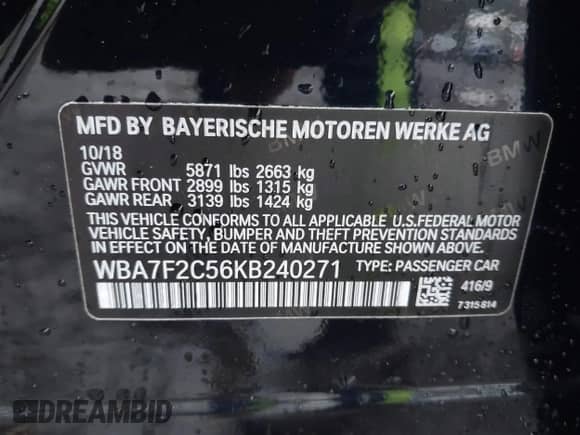 2019 BMW 7 Series 750i xDrive z VIN WBA7F2C56KB240271, wystawiony jako IAAI lot #41111776 z przebiegiem 76 875 mil mil oraz . Historia ofert i sprzedaży dostępna na DreamBid. Obrazek 9.