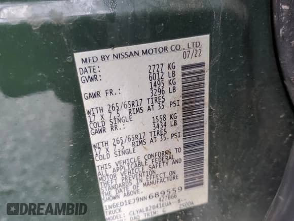 2022 Nissan Frontier SV z VIN 1N6ED1EJ9NN689559, wystawiony jako Copart lot #68588295 z przebiegiem 60 632 mil mil oraz Szkoda całkowita • Salvage title. Historia ofert i sprzedaży dostępna na DreamBid. Obrazek 12.