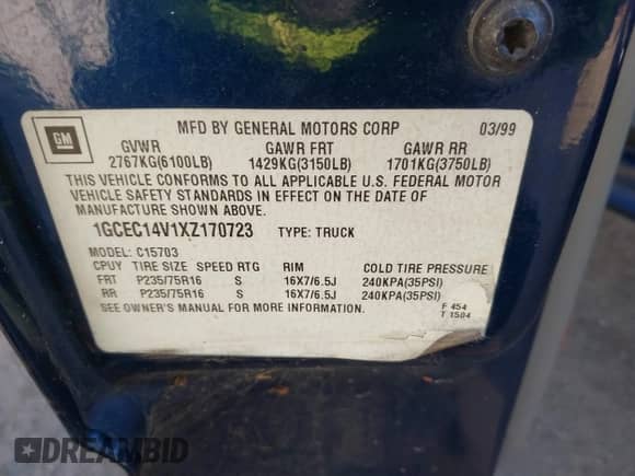 1999 Chevrolet Silverado 1500 LS с VIN 1GCEC14V1XZ170723, выставлен на аукционе IAAI как лот 42640065 с пробегом 346 957 миль миль и . История ставок и продаж доступна на DreamBid. Изображение 9.