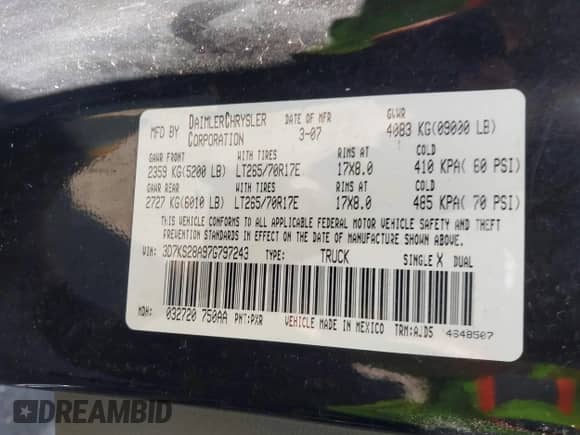 2007 Dodge 2500 SLT с VIN 3D7KS28A97G797243, выставлен на аукционе IAAI как лот 42612288 с пробегом 165 873 миль миль и . История ставок и продаж доступна на DreamBid. Изображение 9.