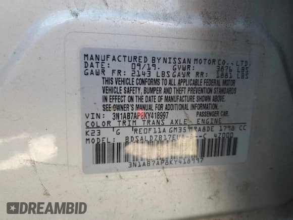 2019 Nissan Sentra SV z VIN 3N1AB7AP8KY418997, wystawiony jako Copart lot #71840035 z przebiegiem 122 739 mil mil oraz Szkoda całkowita • Salvage title. Historia ofert i sprzedaży dostępna na DreamBid. Obrazek 13.