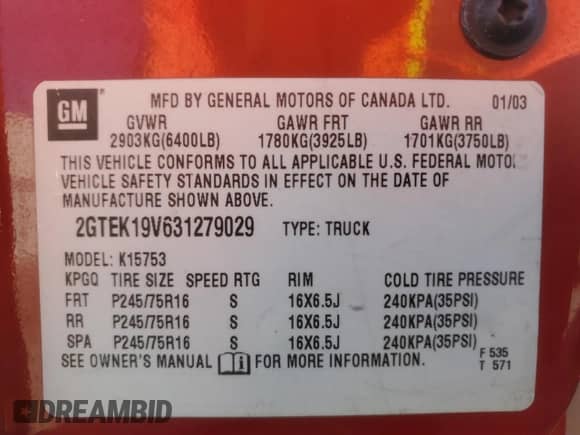 2003 GMC Sierra 1500 SLE with VIN 2GTEK19V631279029, listed as a Copart auction lot 74049074 with Not provided miles and Salvage title. Bid and sale history available at DreamBid. Image 12.