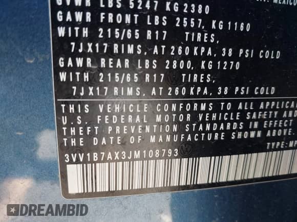 2018 Volkswagen Tiguan S с VIN 3VV1B7AX3JM108793, выставлен на аукционе IAAI как лот 42658677 с пробегом 108 730 миль миль и . История ставок и продаж доступна на DreamBid. Изображение 9.